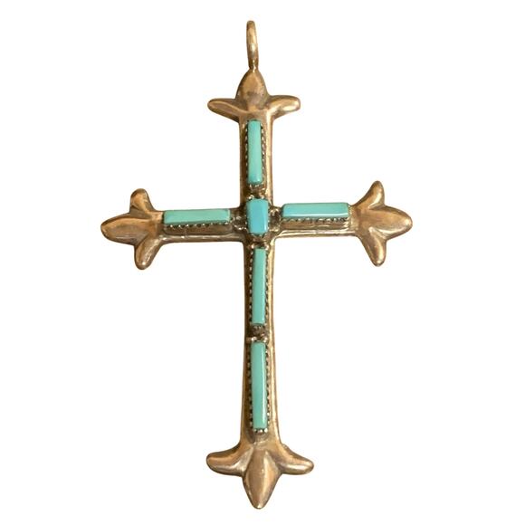 Zuni Artist G&L Leekity Pendant Sterling Silver and Turquoise Large Cross - Picture 3 of 7